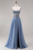 Steel Blue Sheer Corset A-Line Beaded Long Prom Dress with Slit