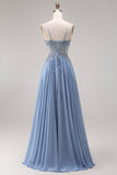 Steel Blue Sheer Corset A-Line Beaded Long Prom Dress with Slit