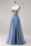 Steel Blue Sheer Corset A-Line Beaded Long Prom Dress with Slit