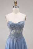 Steel Blue Sheer Corset A-Line Beaded Long Prom Dress with Slit