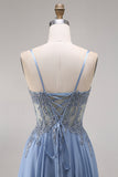 Steel Blue Sheer Corset A-Line Beaded Long Prom Dress with Slit