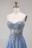 Steel Blue Sheer Corset A-Line Beaded Long Prom Dress with Slit