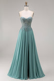 Sweetheart Corset A-Line Eucalyptus Beaded Long Prom Dress with Slit