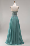 Sweetheart Corset A-Line Eucalyptus Beaded Long Prom Dress with Slit