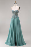 Sweetheart Corset A-Line Eucalyptus Beaded Long Prom Dress with Slit