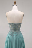 Sweetheart Corset A-Line Eucalyptus Beaded Long Prom Dress with Slit