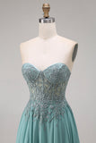 Sweetheart Corset A-Line Eucalyptus Beaded Long Prom Dress with Slit