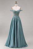 Off the Shoulder Corset A-Line Beaded Agave Satin Long Prom Dress