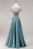 Off the Shoulder Corset A-Line Beaded Agave Satin Long Prom Dress