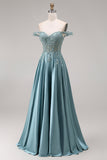 Off the Shoulder Corset A-Line Beaded Agave Satin Long Prom Dress