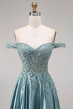 Off the Shoulder Corset A-Line Beaded Agave Satin Long Prom Dress