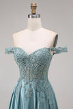 Off the Shoulder Corset A-Line Beaded Agave Satin Long Prom Dress
