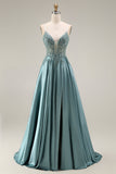 Agave Corset A-Line Beaded Satin Long Prom Dress with Slit