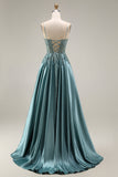 Agave Corset A-Line Beaded Satin Long Prom Dress with Slit