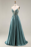 Agave Corset A-Line Beaded Satin Long Prom Dress with Slit