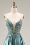 Agave Corset A-Line Beaded Satin Long Prom Dress with Slit
