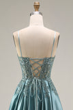 Agave Corset A-Line Beaded Satin Long Prom Dress with Slit