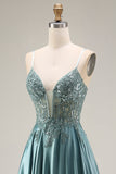 Agave Corset A-Line Beaded Satin Long Prom Dress with Slit