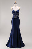 Navy Mermaid Ruched Corset Lace Up Back Long Prom Dress with Beading