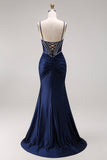 Navy Mermaid Ruched Corset Lace Up Back Long Prom Dress with Beading
