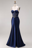 Navy Mermaid Ruched Corset Lace Up Back Long Prom Dress with Beading