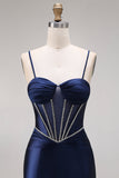 Navy Mermaid Ruched Corset Lace Up Back Long Prom Dress with Beading