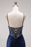 Navy Mermaid Ruched Corset Lace Up Back Long Prom Dress with Beading