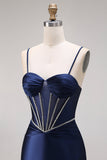 Navy Mermaid Ruched Corset Lace Up Back Long Prom Dress with Beading