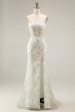 White Green Flower Sheer Corset Mermaid Lace Up Back Long Prom Dress with Slit