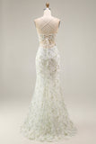 White Green Flower Sheer Corset Mermaid Lace Up Back Long Prom Dress with Slit