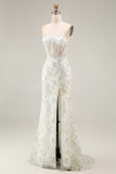 White Green Flower Sheer Corset Mermaid Lace Up Back Long Prom Dress with Slit