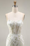 White Green Flower Sheer Corset Mermaid Lace Up Back Long Prom Dress with Slit