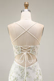 White Green Flower Sheer Corset Mermaid Lace Up Back Long Prom Dress with Slit