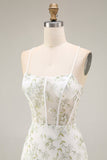 White Green Flower Sheer Corset Mermaid Lace Up Back Long Prom Dress with Slit
