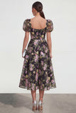 Black A Line Sequins Square Neck Midi Dress with Puff Sleeves