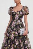 Black A Line Sequins Square Neck Midi Dress with Puff Sleeves