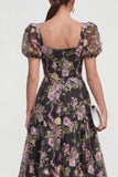 Black A Line Sequins Square Neck Midi Dress with Puff Sleeves
