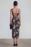 Sheath Square Neck Midi Multi Floral Dress with Lace Up Back
