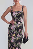 Sheath Square Neck Midi Multi Floral Dress with Lace Up Back
