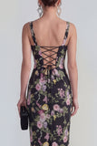 Sheath Square Neck Midi Multi Floral Dress with Lace Up Back