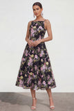 Black A Line Spaghetti Straps Midi Dress with Sequins