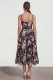 Black A Line Spaghetti Straps Midi Dress with Sequins
