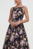 Black A Line Spaghetti Straps Midi Dress with Sequins