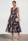 Black V-Neck Midi A Line Sequin Dress with Bow