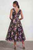 Black V-Neck Midi A Line Sequin Dress with Bow