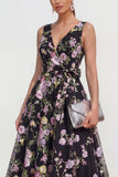 Black V-Neck Midi A Line Sequin Dress with Bow