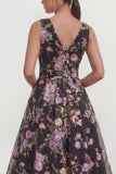 Black V-Neck Midi A Line Sequin Dress with Bow