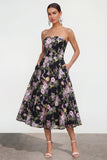 Strapless Black Pink Flower A Line Midi Dress with Pockets