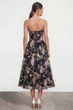 Strapless Black Pink Flower A Line Midi Dress with Pockets