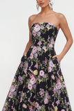 Strapless Black Pink Flower A Line Midi Dress with Pockets
